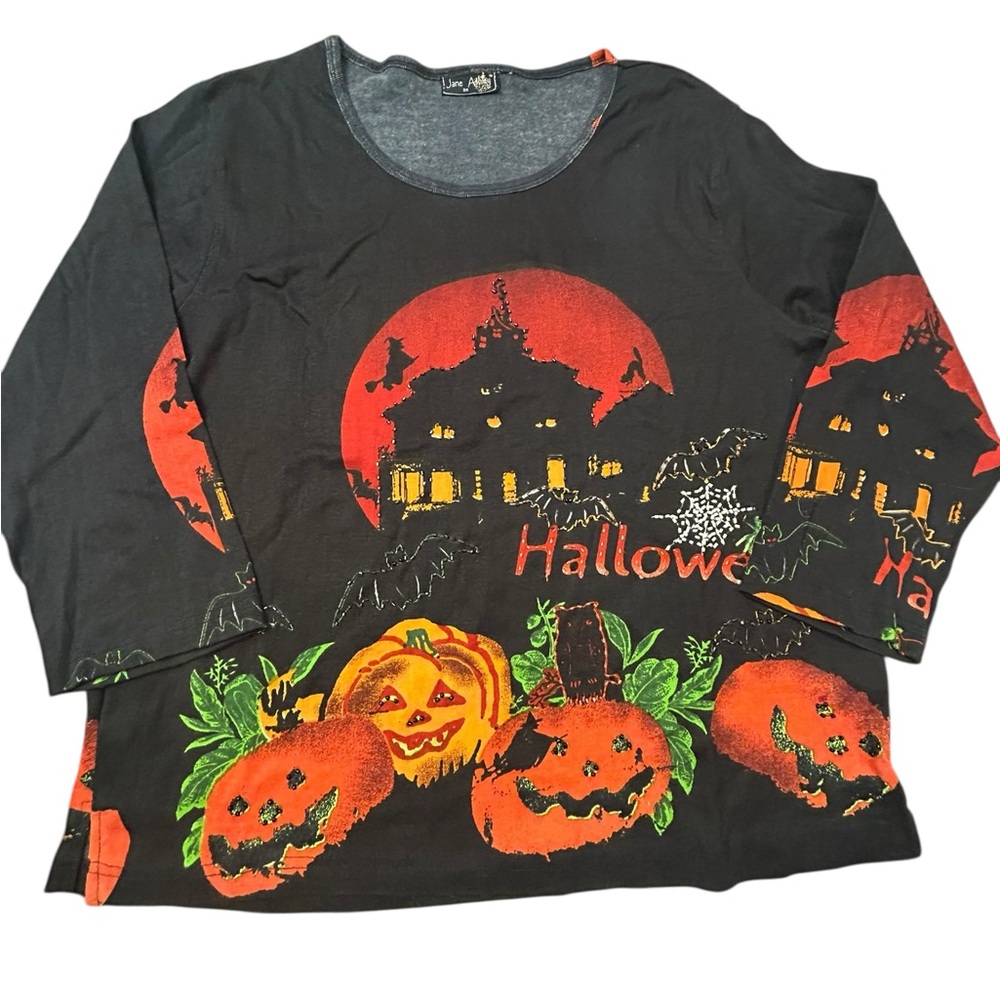 Jane Ashley Halloween Women’s 3X Beaded Pumpkins Bats Witches‎ Haunted Shirt